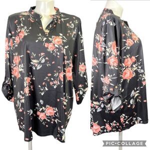 Haute Edition Womens Tunic Blouse Top Floral Print Pullover Black Pink 3X